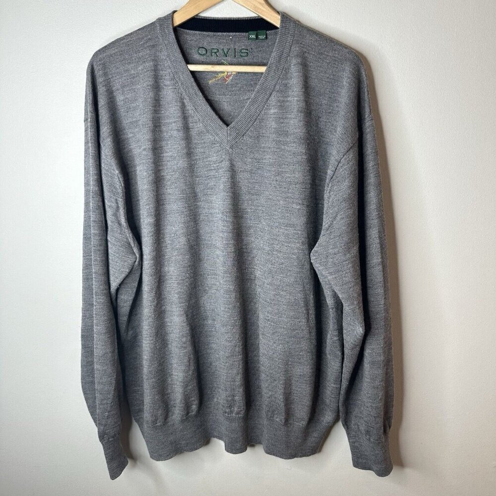 Orvis Sweater Mens XXL Gray 100% Merino‎ Wool V Neck Academia Classic Pullover